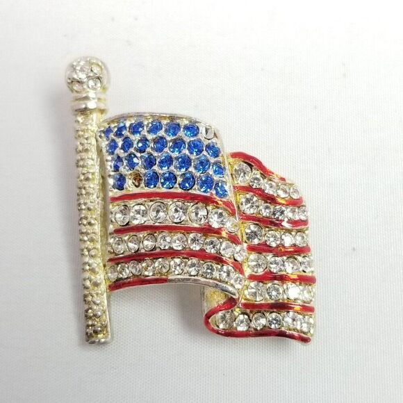 Vintage Rhinestone American Flag Brooch, Red White Blue Encrusted, Estate - Picture 1 of 8